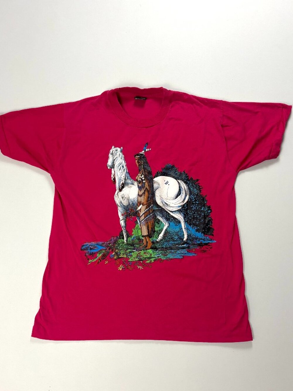 Vintage Native American T Shirt Pink Sz M/L Best Fruit Of The Loom Horse 90s